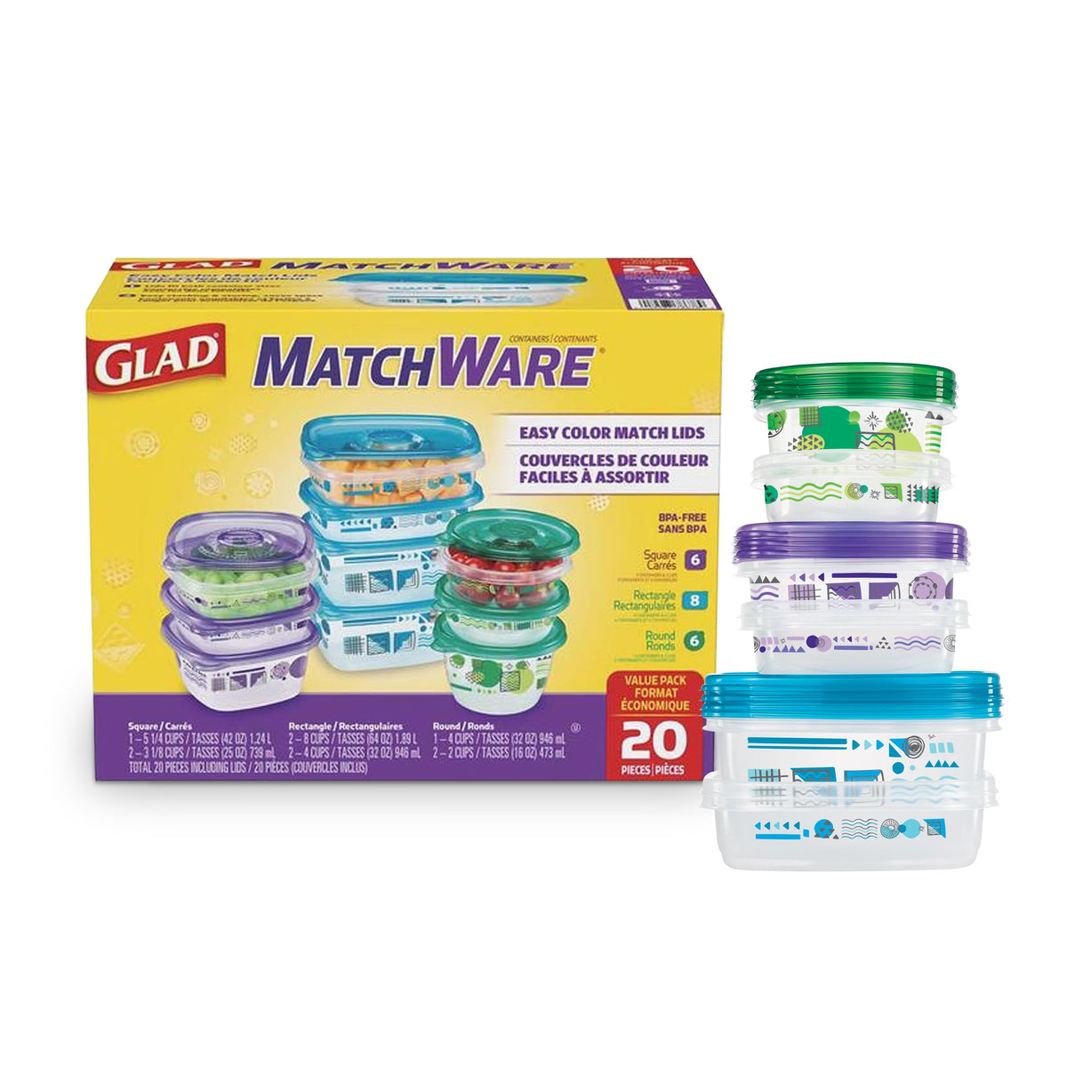 Glad MatchWare round containers with color-coded lids for easy lunch packing