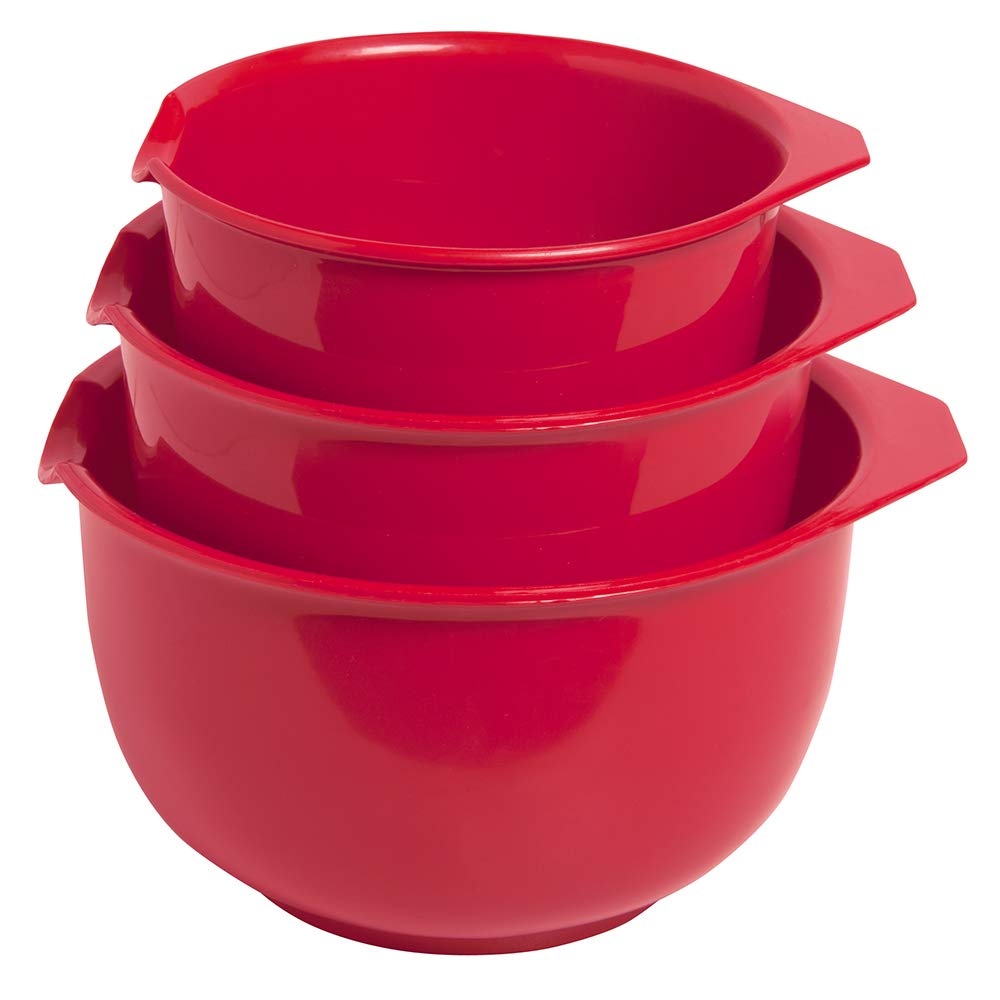 Glad mixing bowls with pour spouts aid tidy pouring during batter prep.