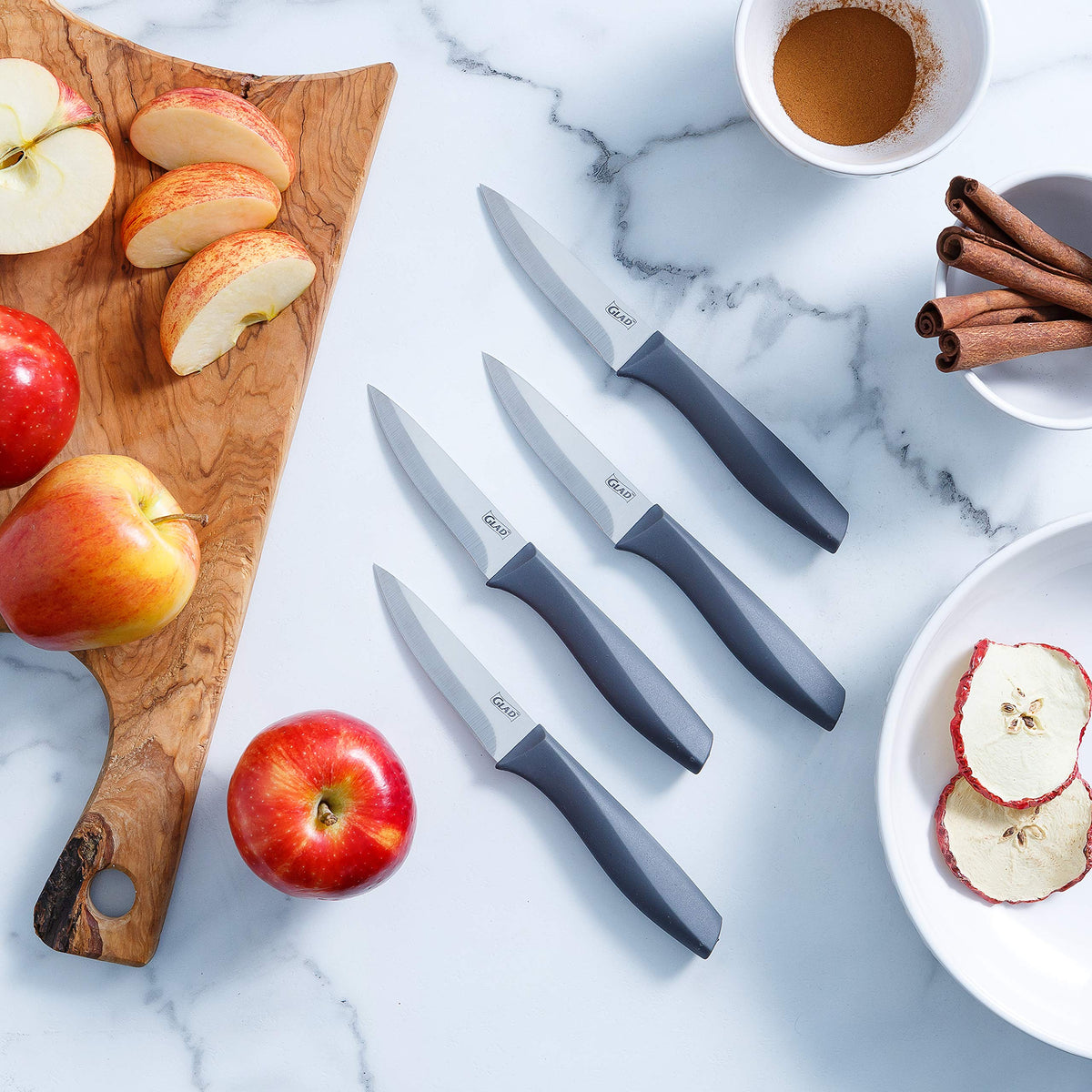 Glad four-piece set stores neatly in drawers, corrosion-resistant steel for everyday prep.