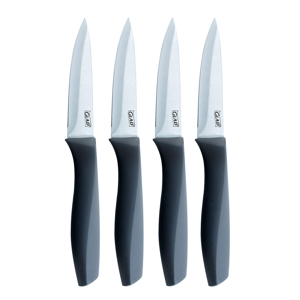 Glad paring knife set four-pack with non-slip handles for precise peeling and slicing.