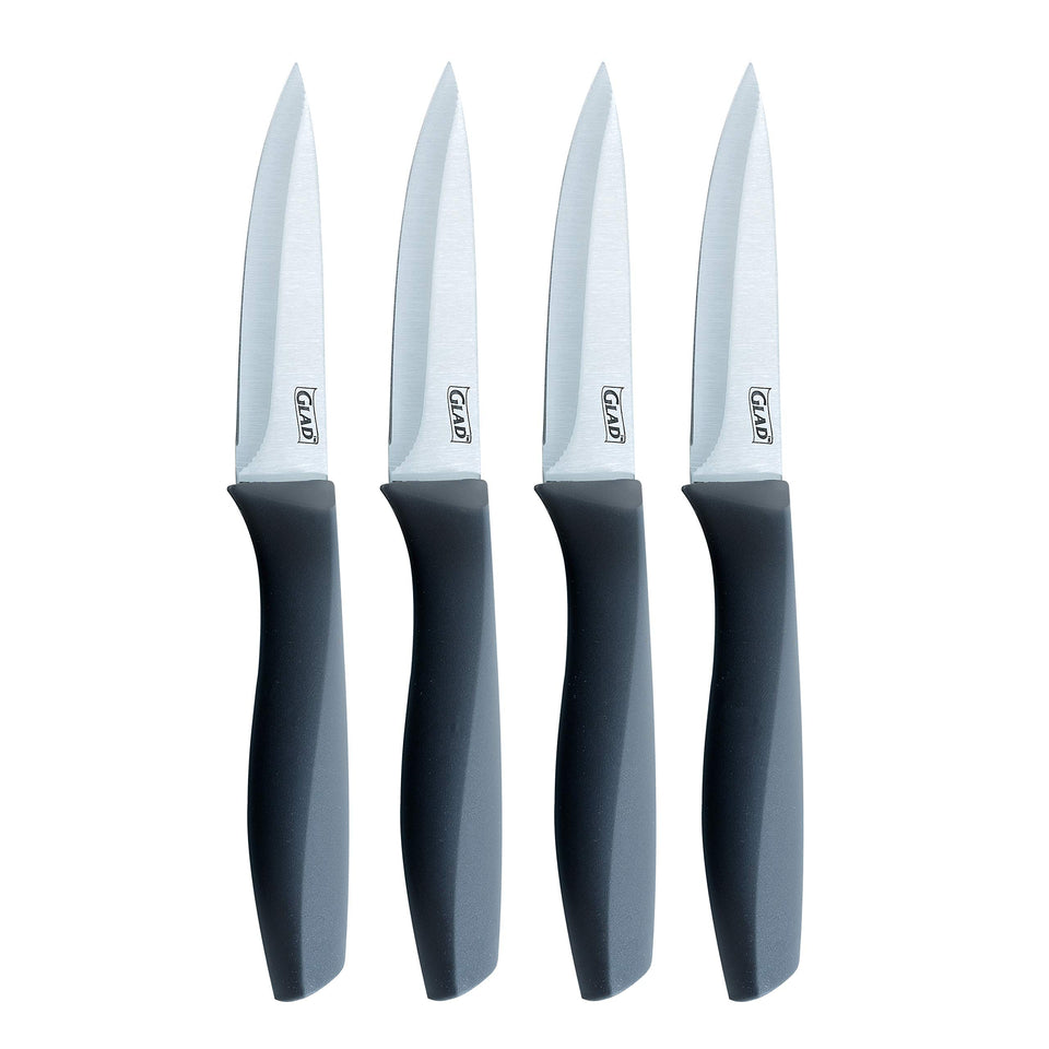 Glad paring knife set four-pack with non-slip handles for precise peeling and slicing.