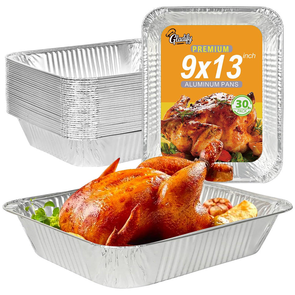 Gladify 9x13 foil pans front view, ideal for batch baking and easy serving
