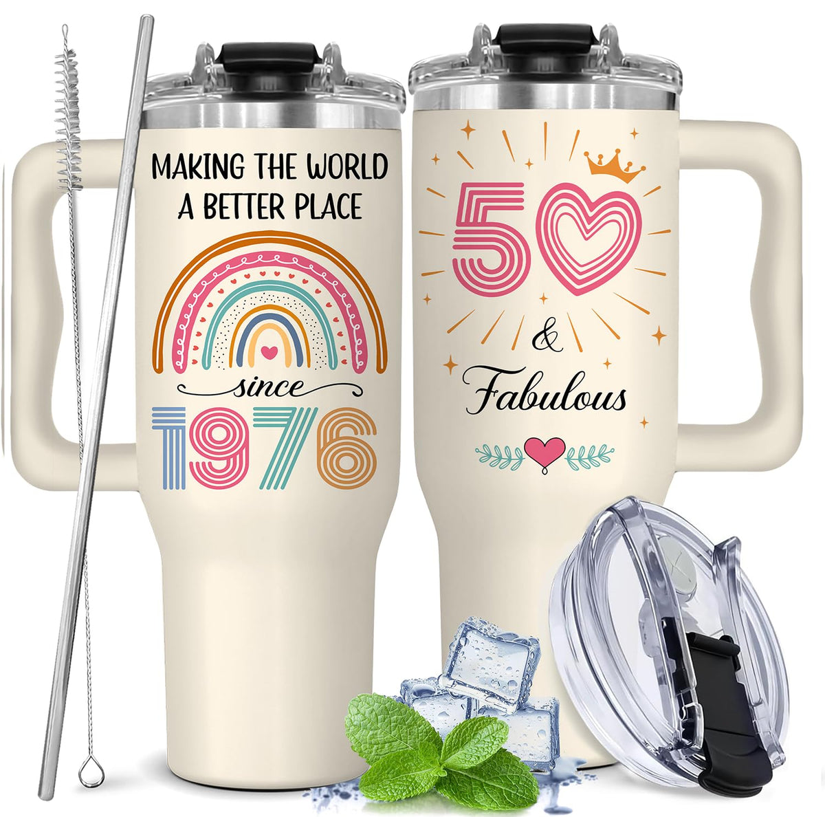 GLAKEUN 50th birthday tumbler with a sturdy handle for daily coffee or tea.