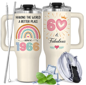 GLAKEUN Turning Sixty Tumbler 40oz with handle for hot or cold drinks on the go.