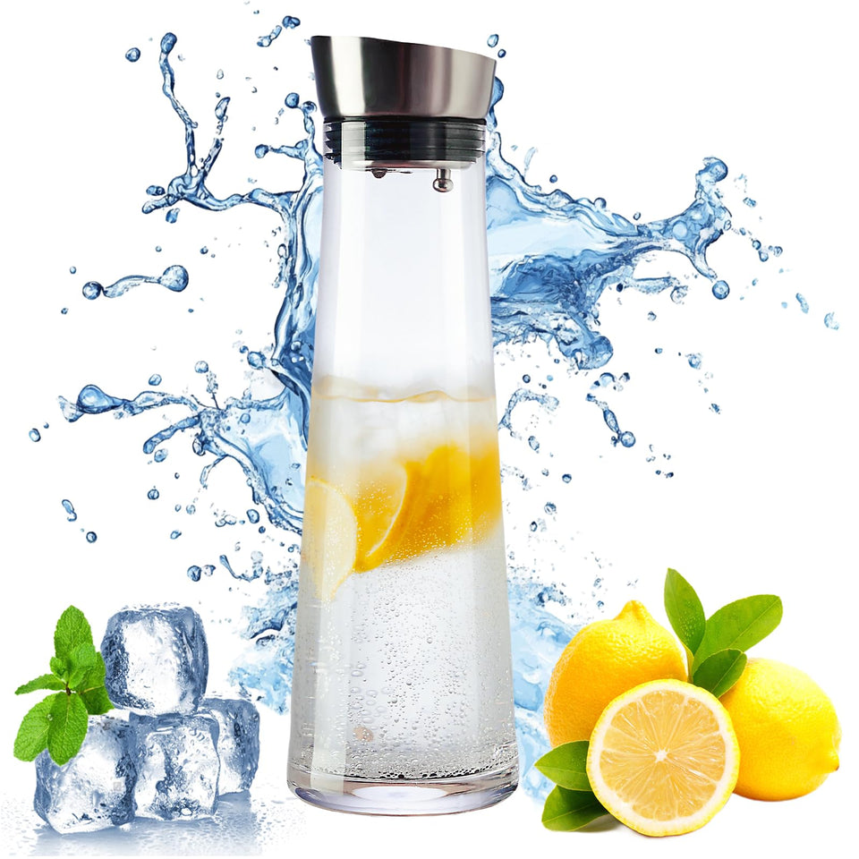 GLASKEY glass water carafe with lid pour focus, preserving freshness for tea or juice.