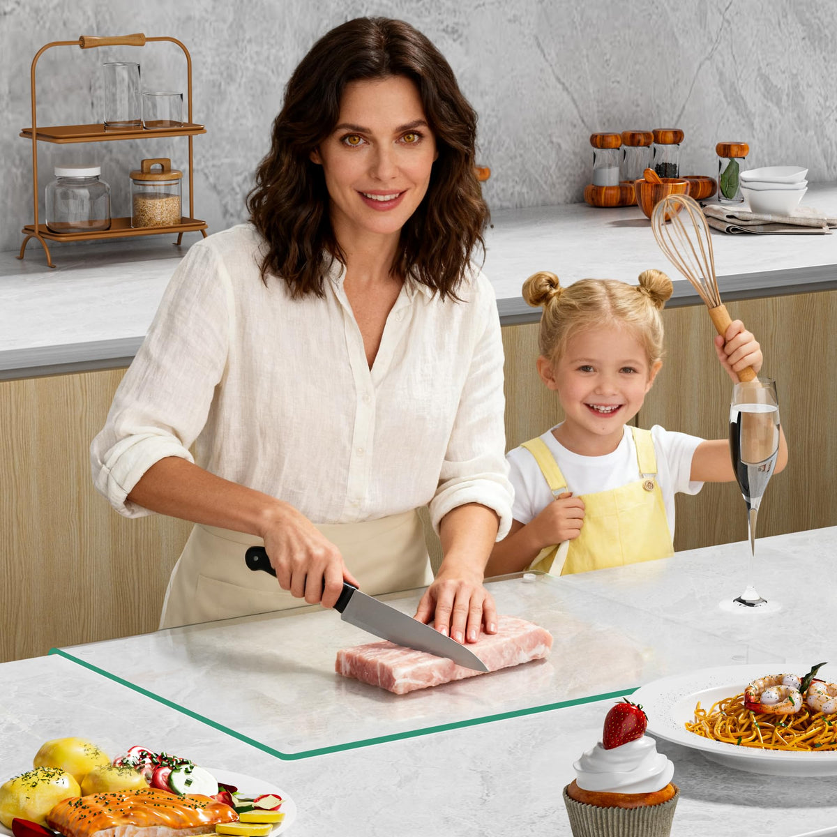 GlassCuisine curved-edge design provides stable, non-slip surface for chopping