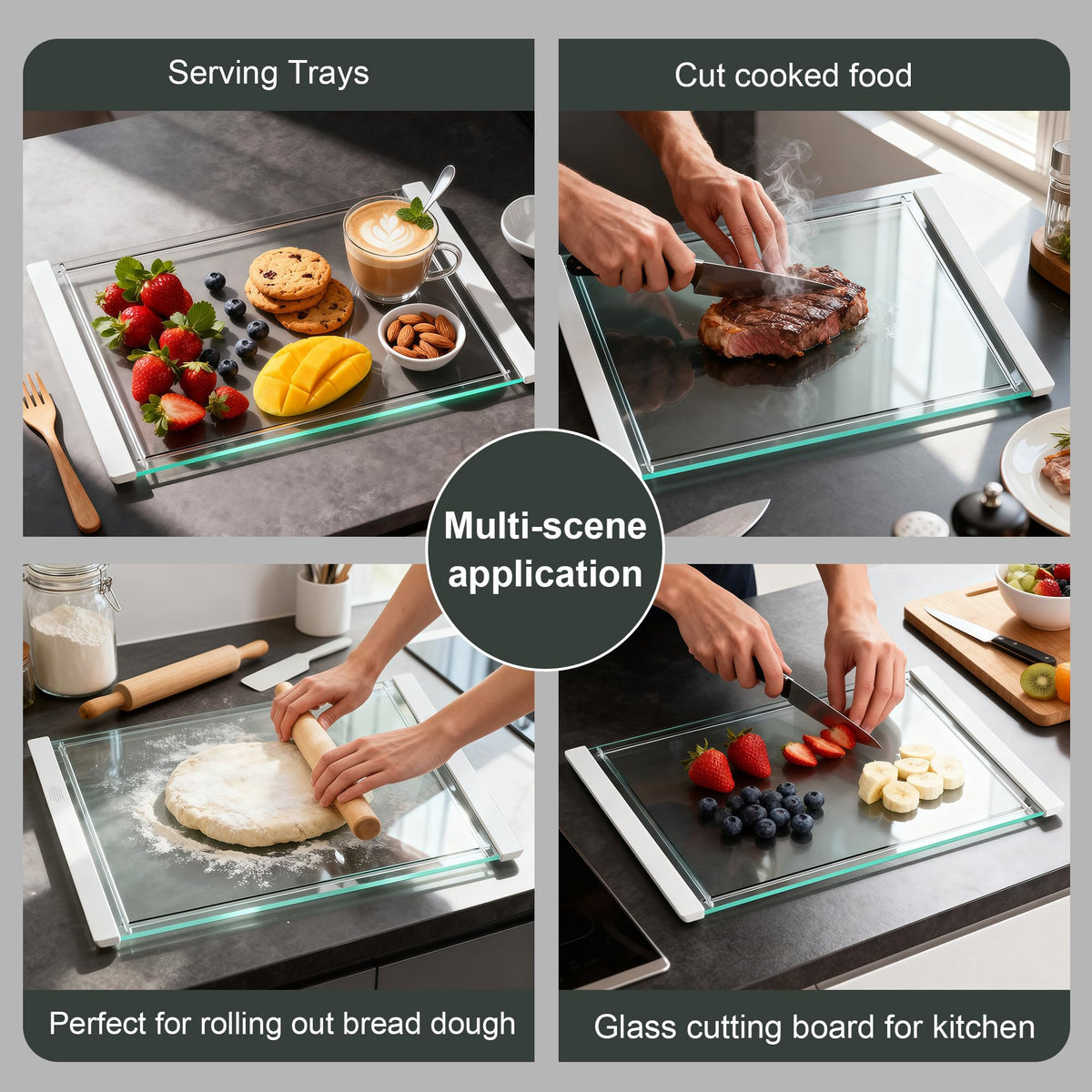 GlassCuisine juice-groove cutting board catching liquids during prep.