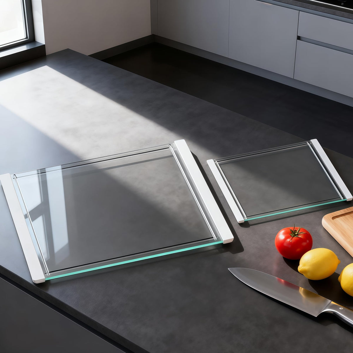 GlassCuisine tempered glass cutting board 16x12 showing durable surface for hygienic prep.