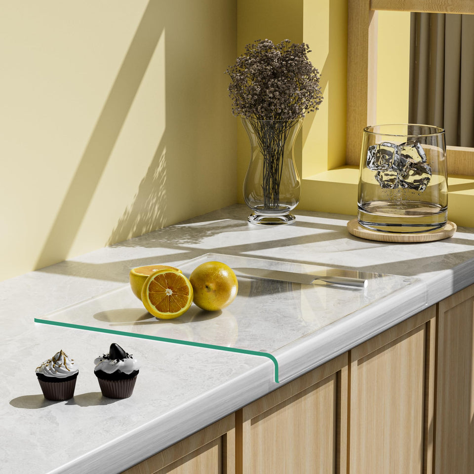GlassCuisine tempered glass cutting board with lips for drip-free prep