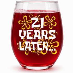 Glassicle 21 Years Later stemless wine glass with nostalgic print for 21st birthday toast