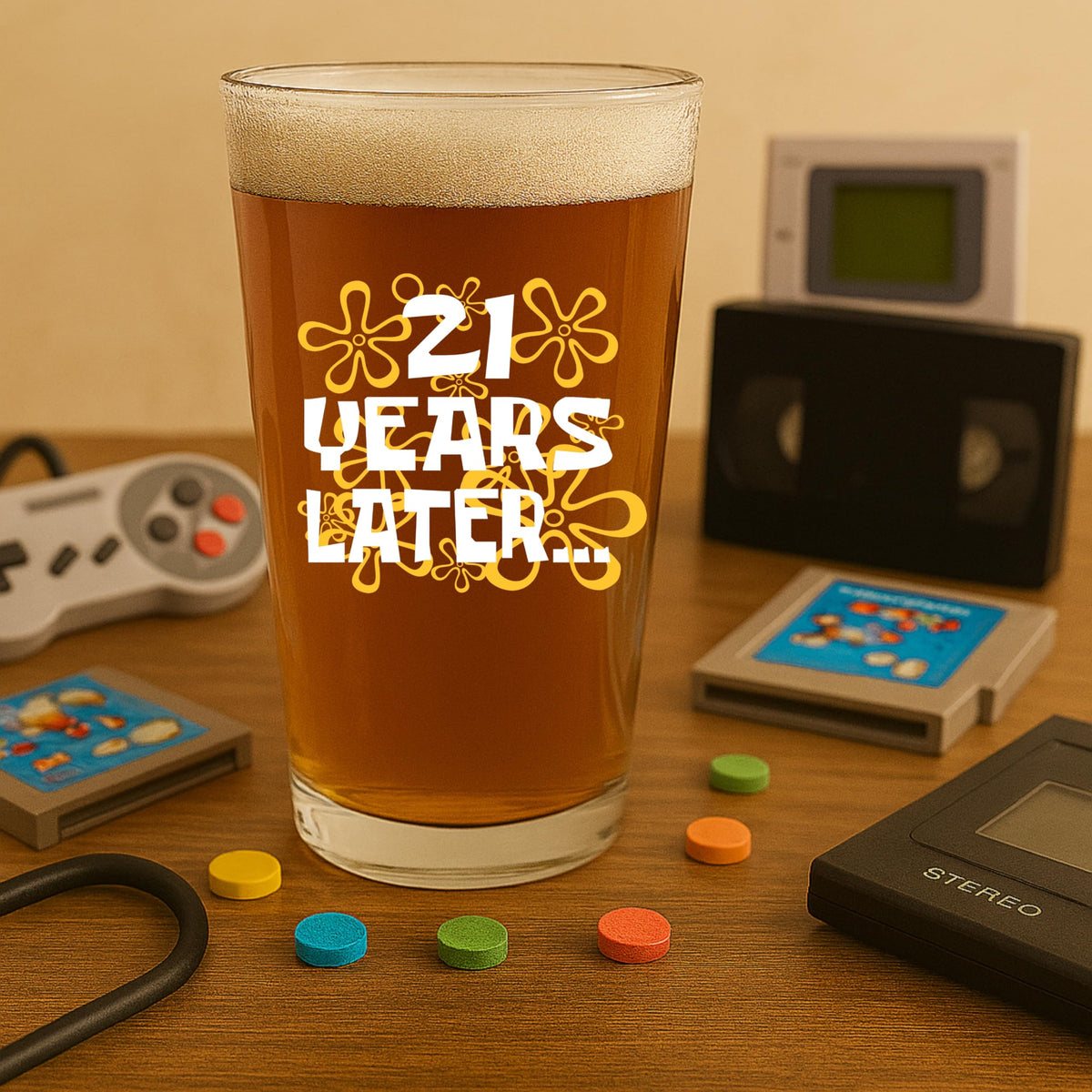 Glassicle cartoon-inspired beer glass featuring coral motif for nostalgia and fun.