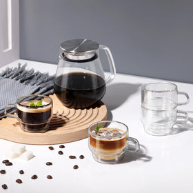 Glastal glass cups feature silicone base for stable handling.