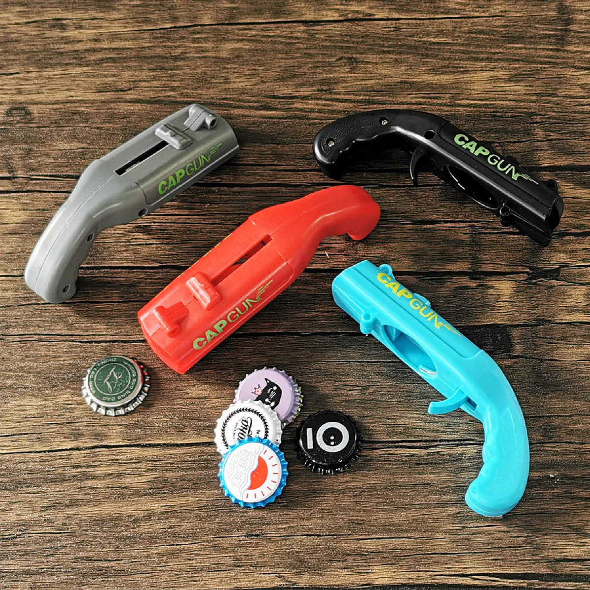 Glatiaofy cap gun bottle opener features ergonomic grip for comfortable use.