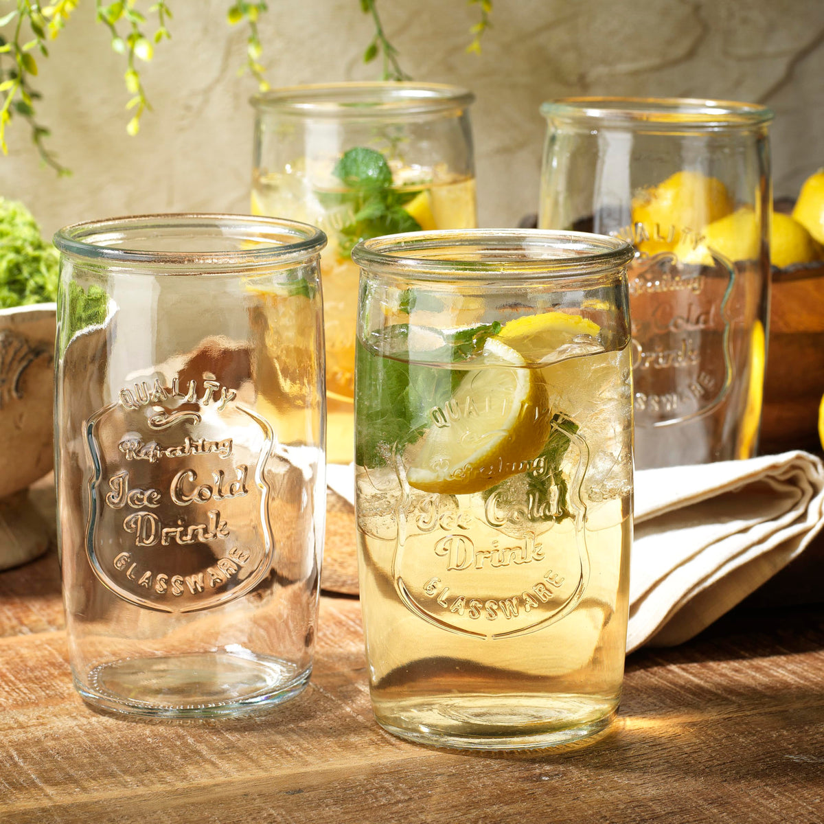 Glaver's 20 oz clear highball glasses ideal for cocktails and iced drinks.