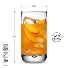 Glaver's 16 oz glasses suitable for beer, juice, and cocktails.