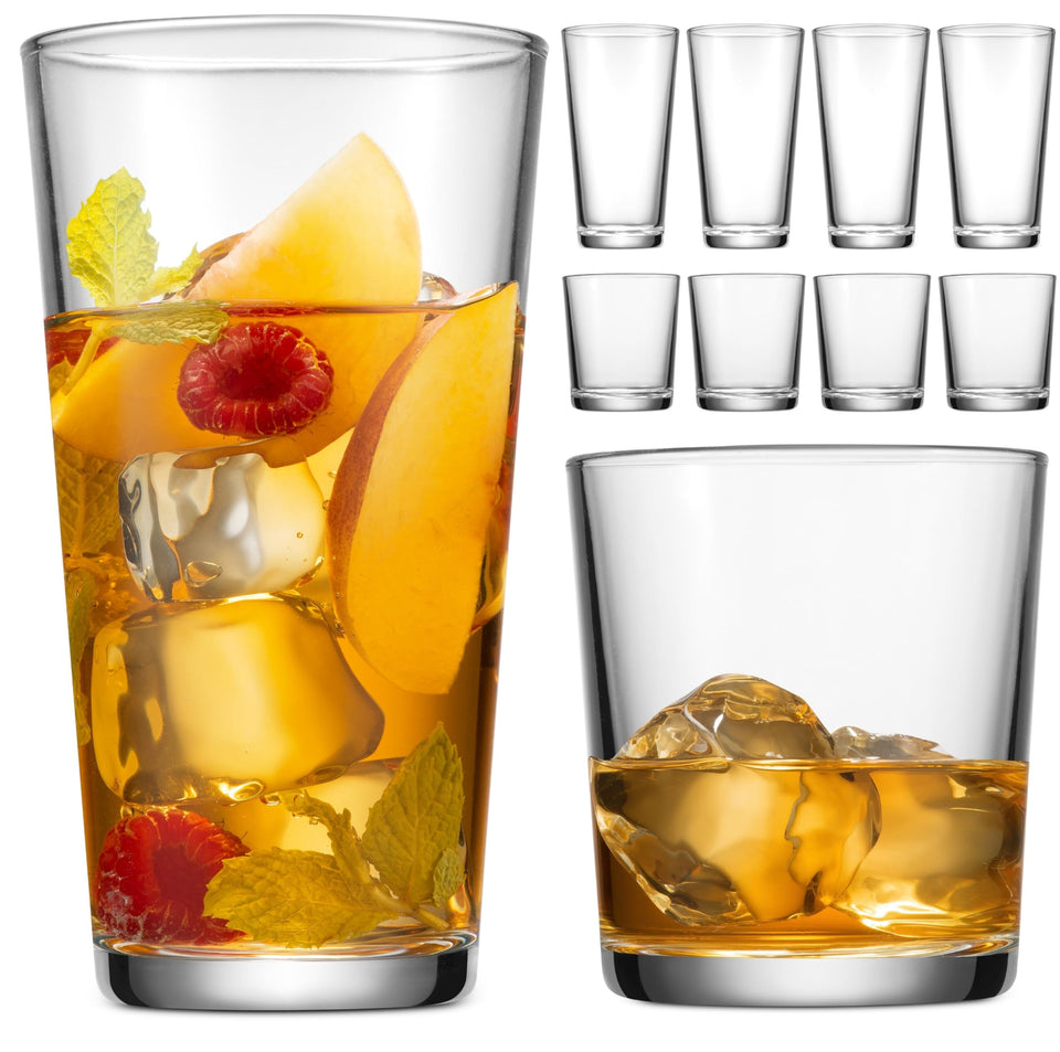 Glaver's 8-piece drinking glasses set with highball and whiskey shapes for elegant tableware.