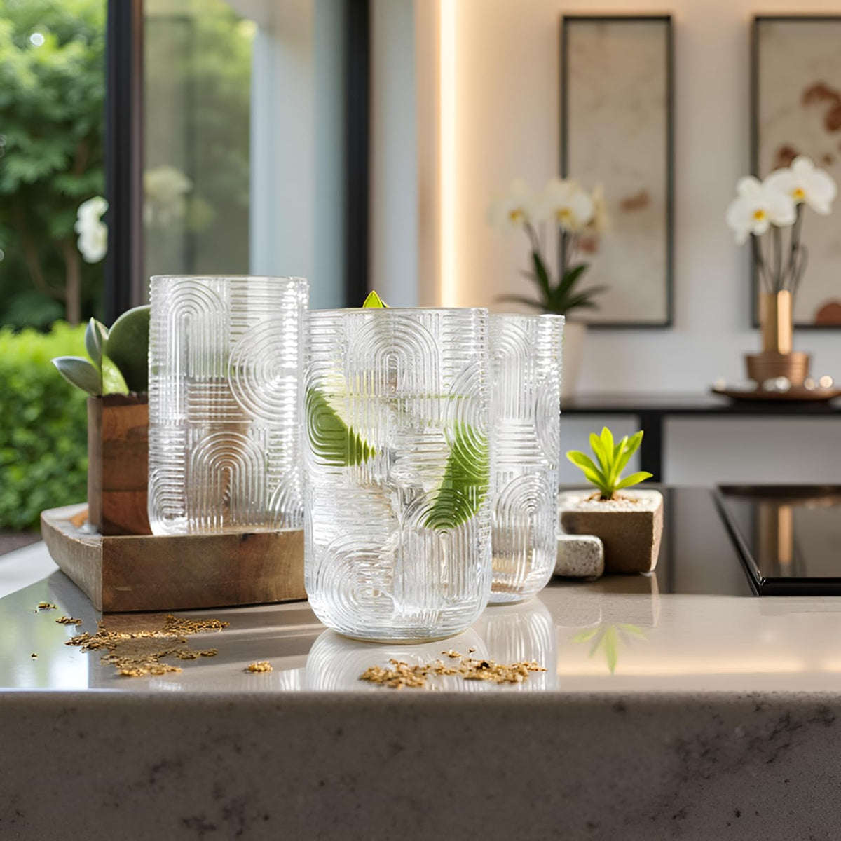 Glaver's embossed highball glass showcases height and garnishes.