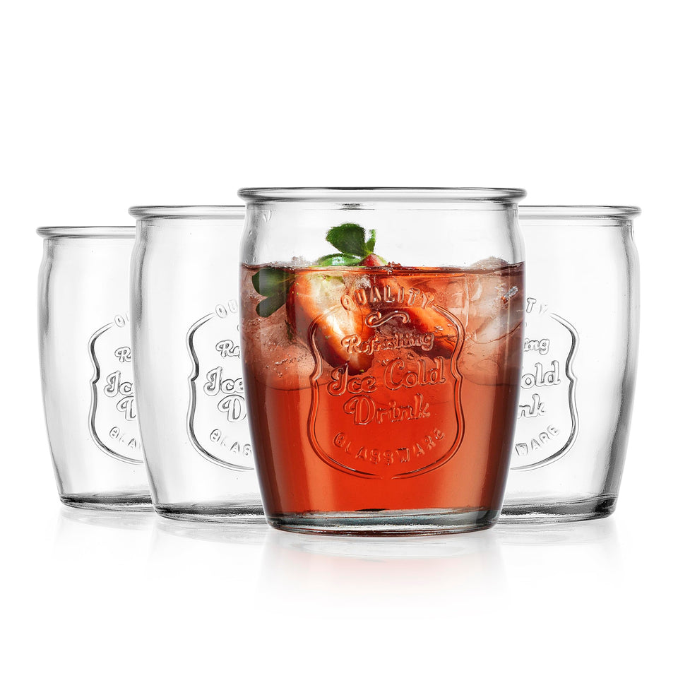Glaver's Glass Tumblers with embossed vintage Italian style, ideal for cocktails and cold beverages.