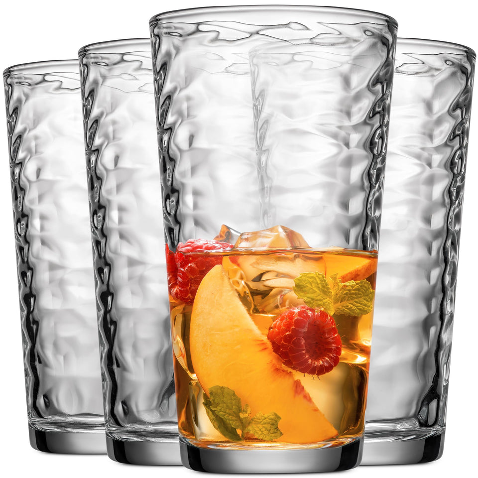 Glaver's highball 4-pack front view showcases sturdy 17 oz glasses for cocktails.