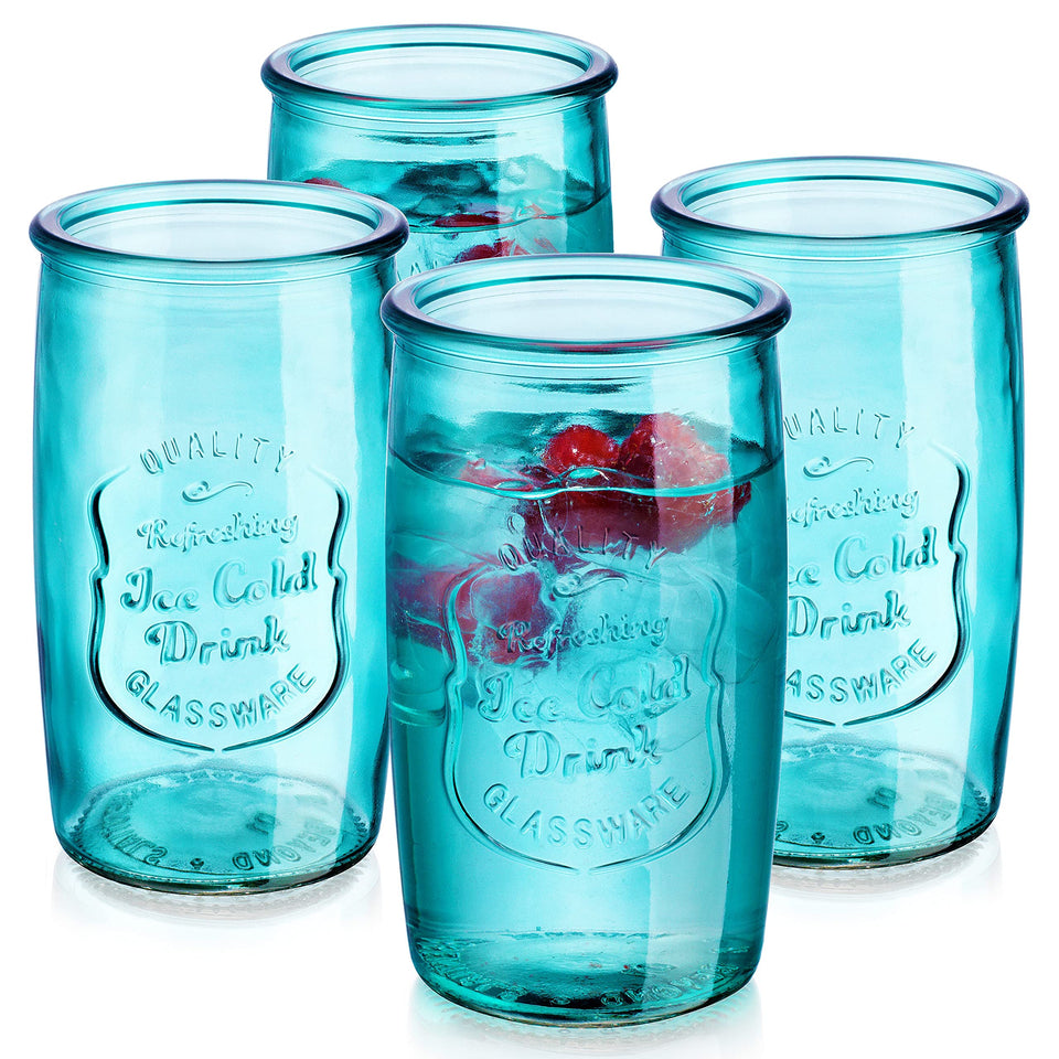 Glaver's highball glasses with blue color and embossed logo, retro vibe for cocktails