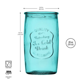 Close-up of Glaver's embossed logo on blue highball glass