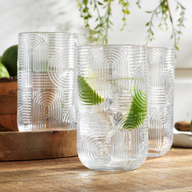 Glaver's 4-pack highball glasses with urban pattern for entertaining.