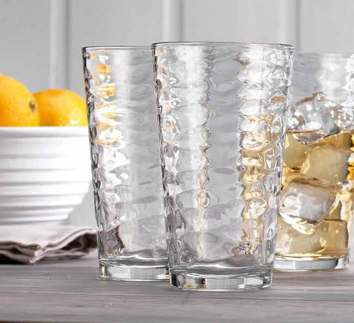 Glaver's highball glasses filled with lemonade for family gatherings.