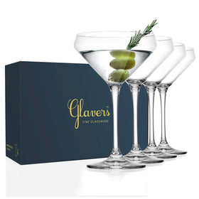Glaver's martini glasses set of 4 on a stylish home bar, ideal for an elegant table setup.
