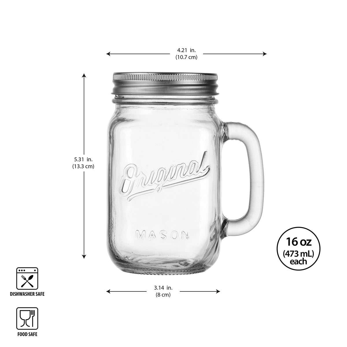 Glaver's 16oz mason jar highlighting ergonomic handle for secure hold