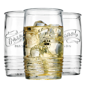 Glaver's Mason-style glass tumbler echoes vintage artistry and sturdy construction