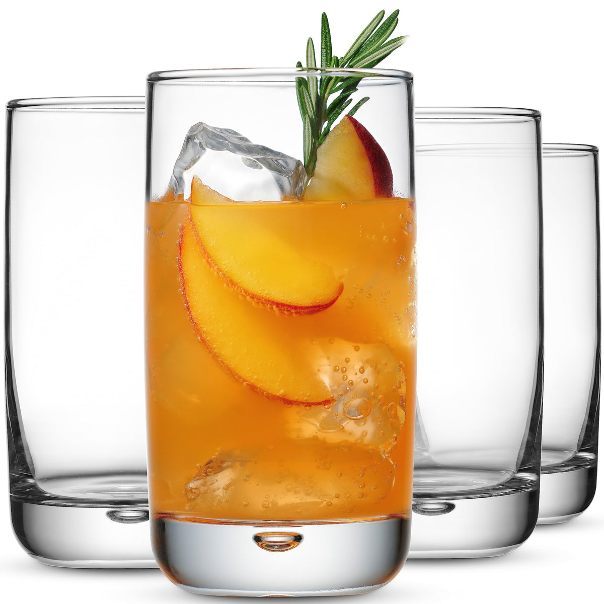 Glaver's four 16 oz highball glasses with bubble base, ideal for cocktails.
