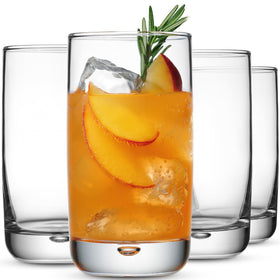 Glaver's four 16 oz highball glasses with bubble base, ideal for cocktails.