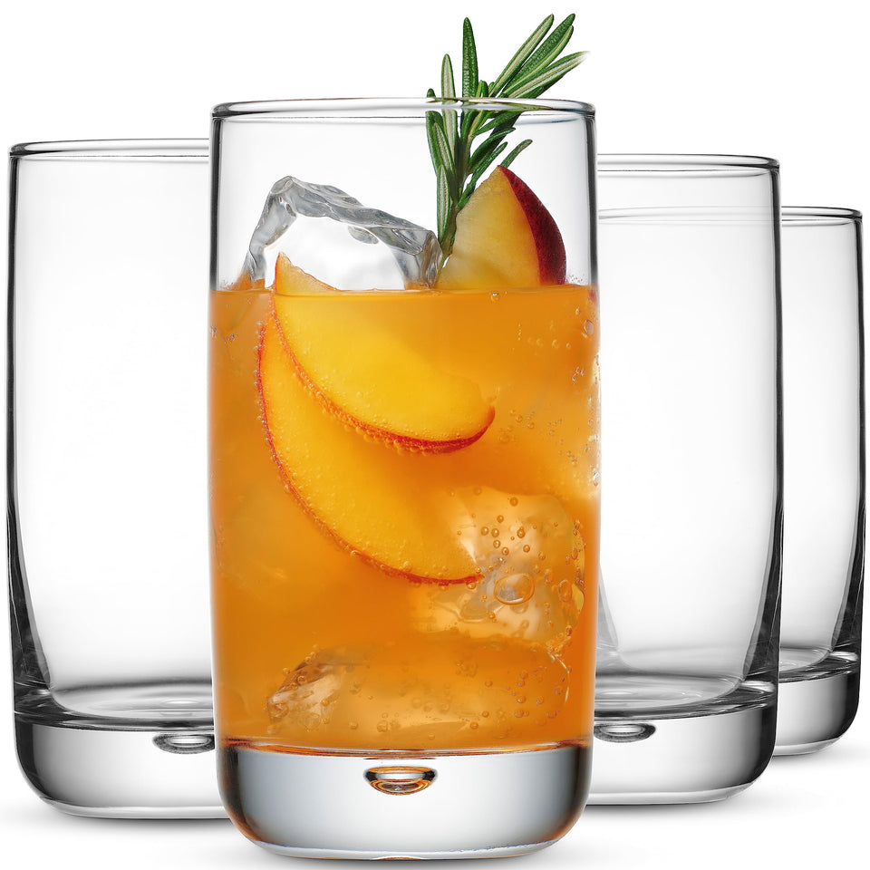 Glaver's four 16 oz highball glasses with bubble base, ideal for cocktails.