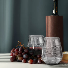 Glaver's stemless glasses for cocktails and wine tasting with comfortable grip.