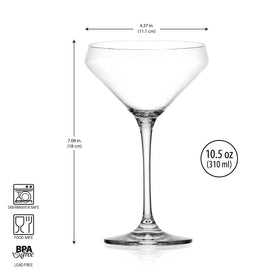 Glaver's stemmed margarita glasses hold 10.5 oz, showcasing vibrant cocktails with balanced stems.