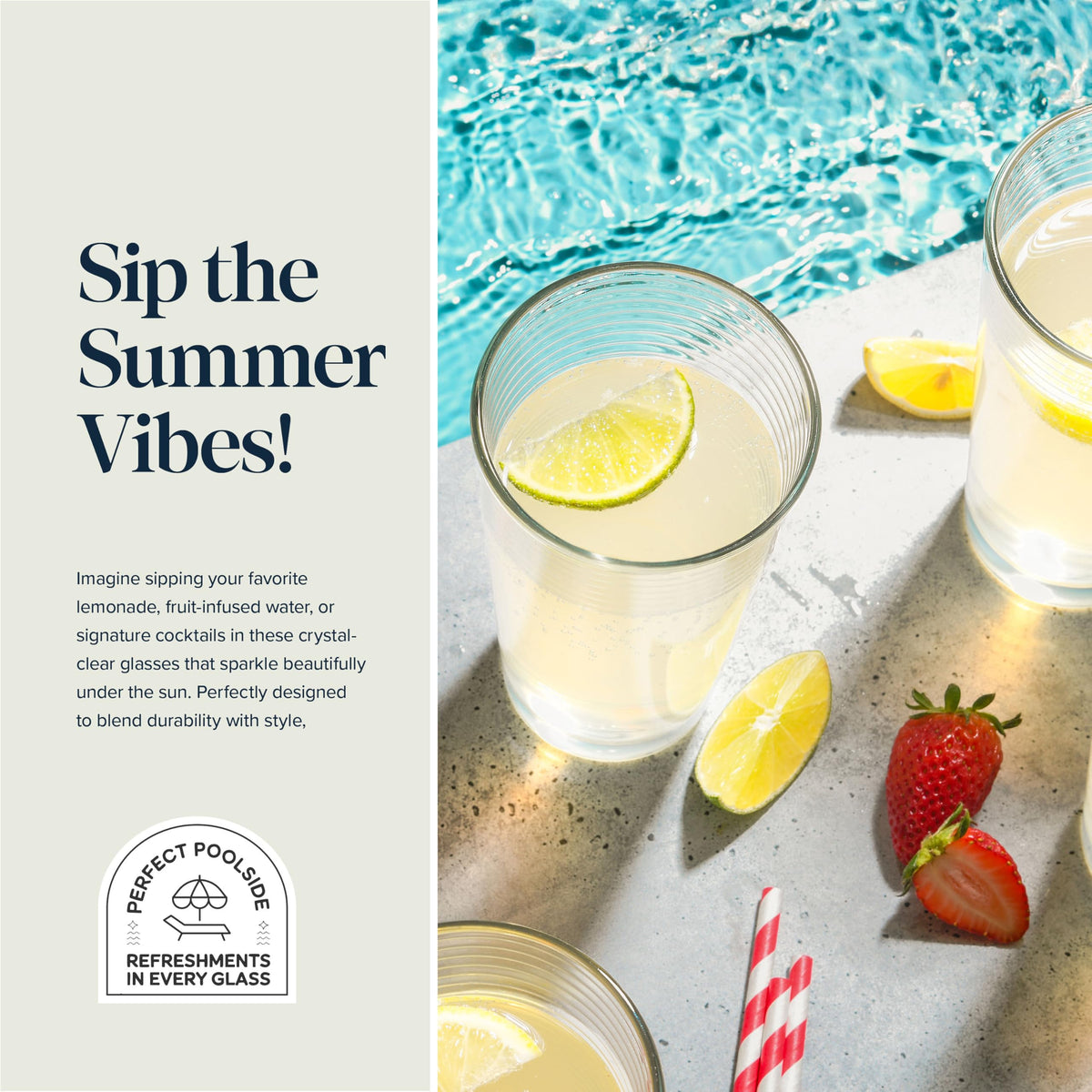 Glaver's versatile glasses for juice, water, cocktails, and iced tea.