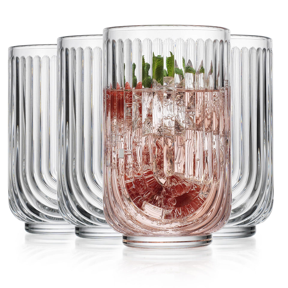 Glaver's arch highball glass with ribbed pattern for elegant cocktails and everyday use.