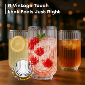 Glaver's arch highball glass highlights a sleek, tall silhouette for iced tea and cocktails.