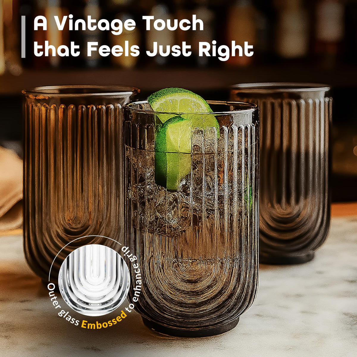Glaver's 17oz highball glass with layered cocktails for refined presentation.