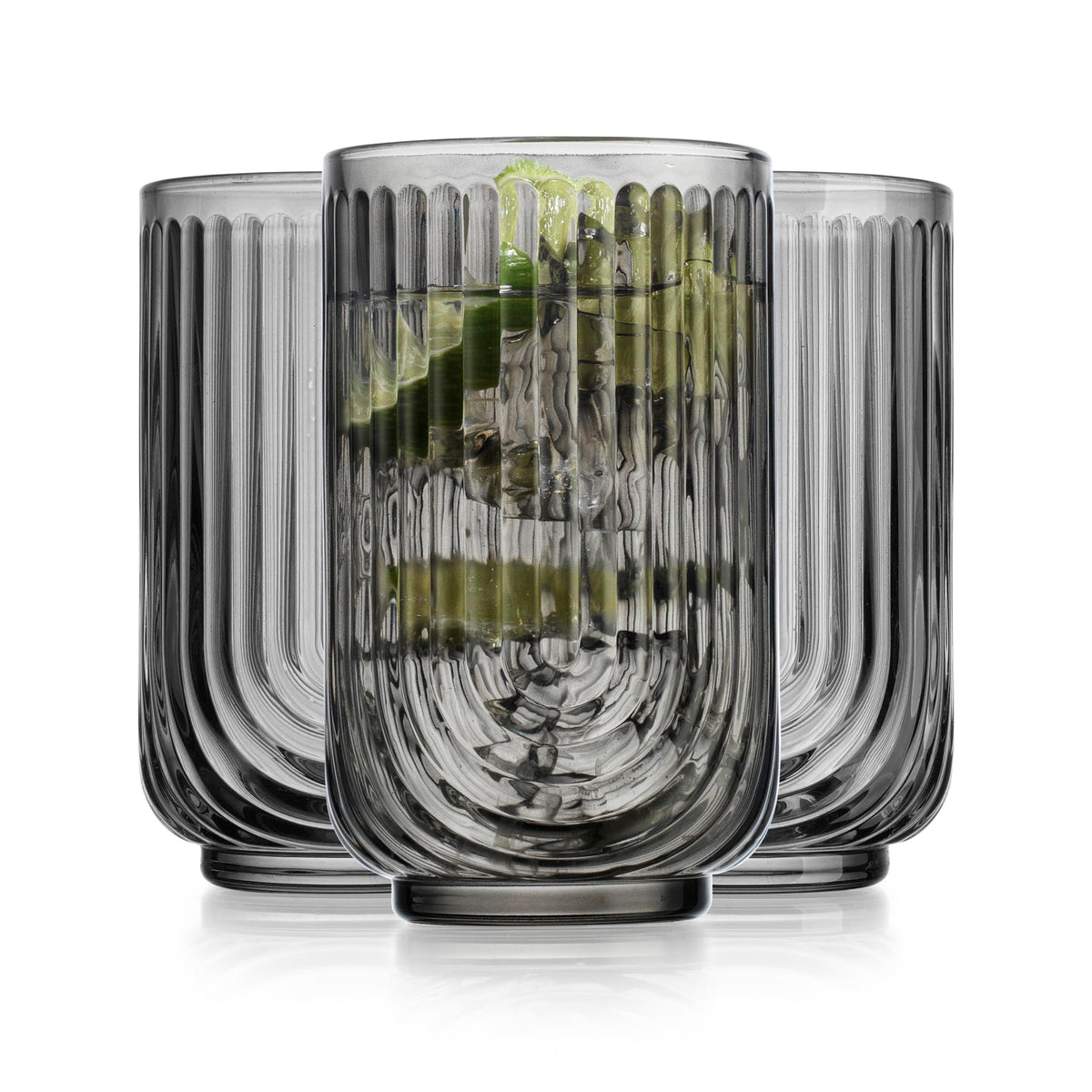 Glaver's vintage Art Deco ribbed highball glasses in smoky color, ideal for elegant cocktails.