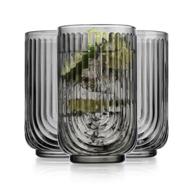Glaver's vintage Art Deco ribbed highball glasses in smoky color, ideal for elegant cocktails.