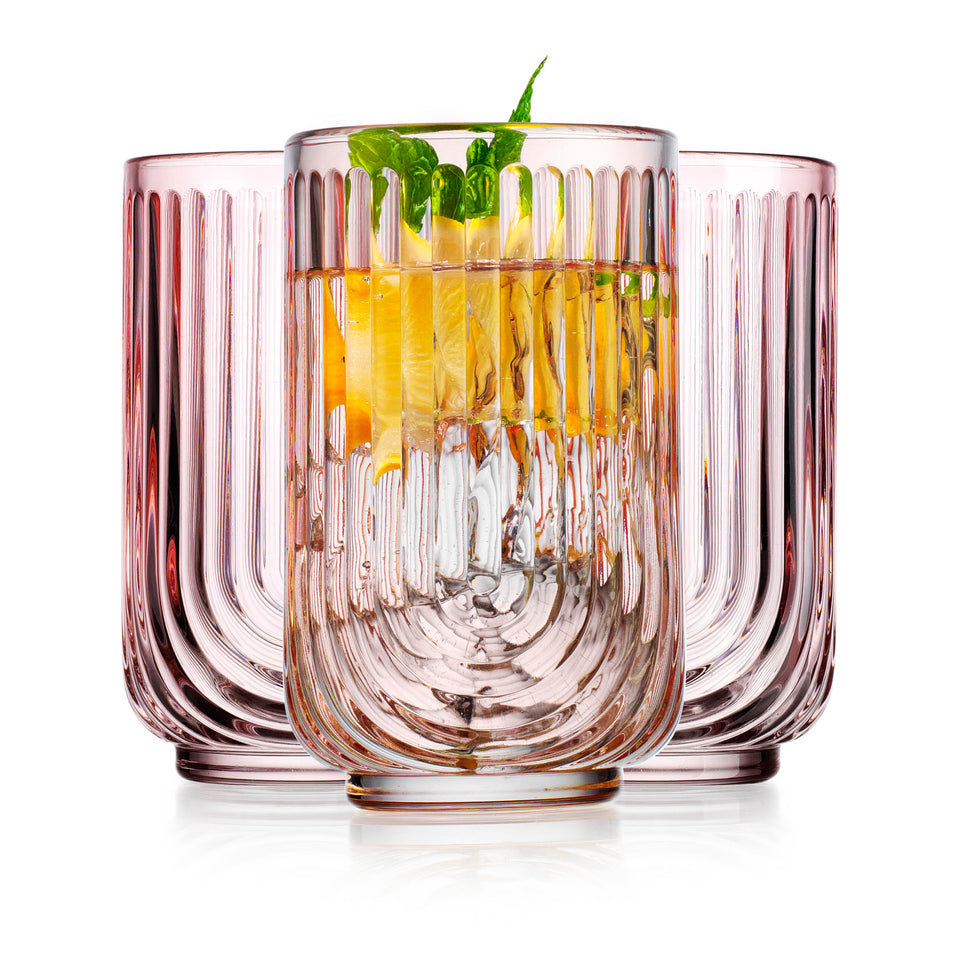 Glaver's pink arch highball glass, 17oz, ideal for cocktails and layered drinks.