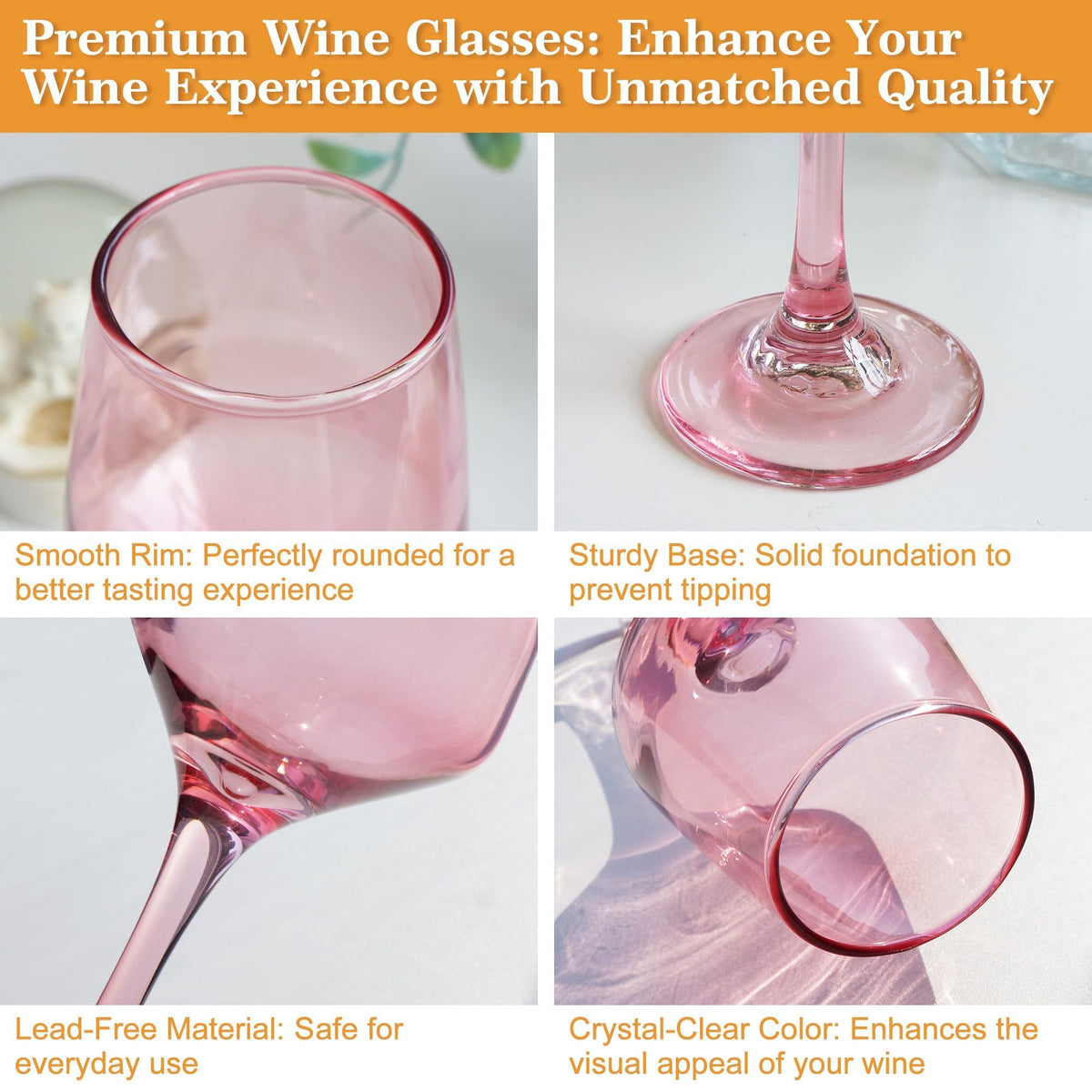 GLAZVIA pink wine glass with a stable base prevents spills.