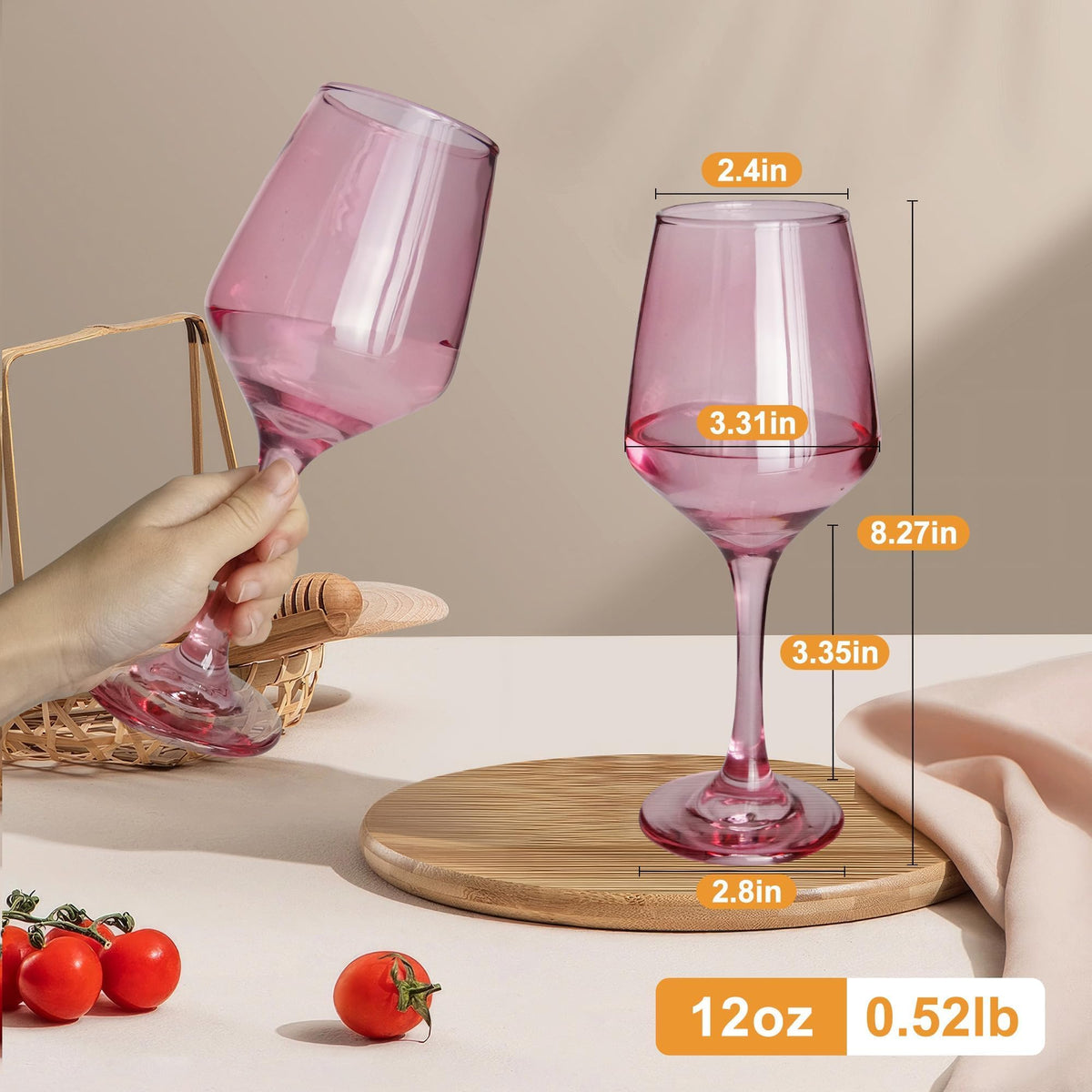 GLAZVIA pink stemware with a 3-inch stem maintains wine temperature beautifully.