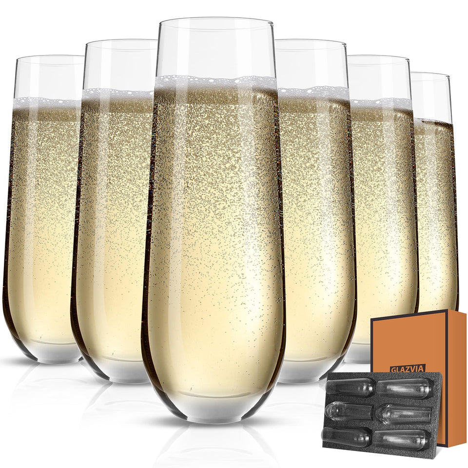 GLAZVIA stemless champagne flutes with crystal-clear bowls for elegant wedding toasts.