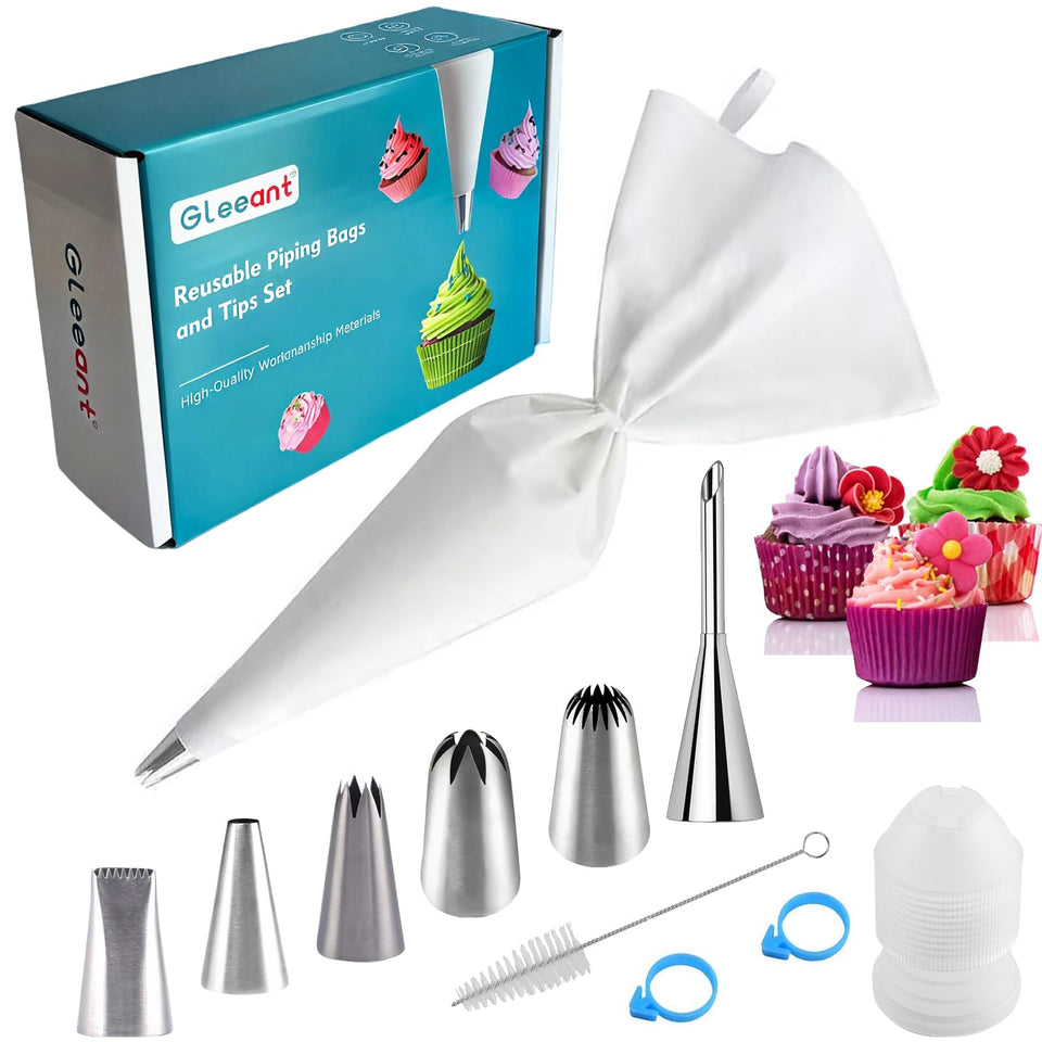 GleeAnt piping kit with six stainless tips for versatile cake decorating.