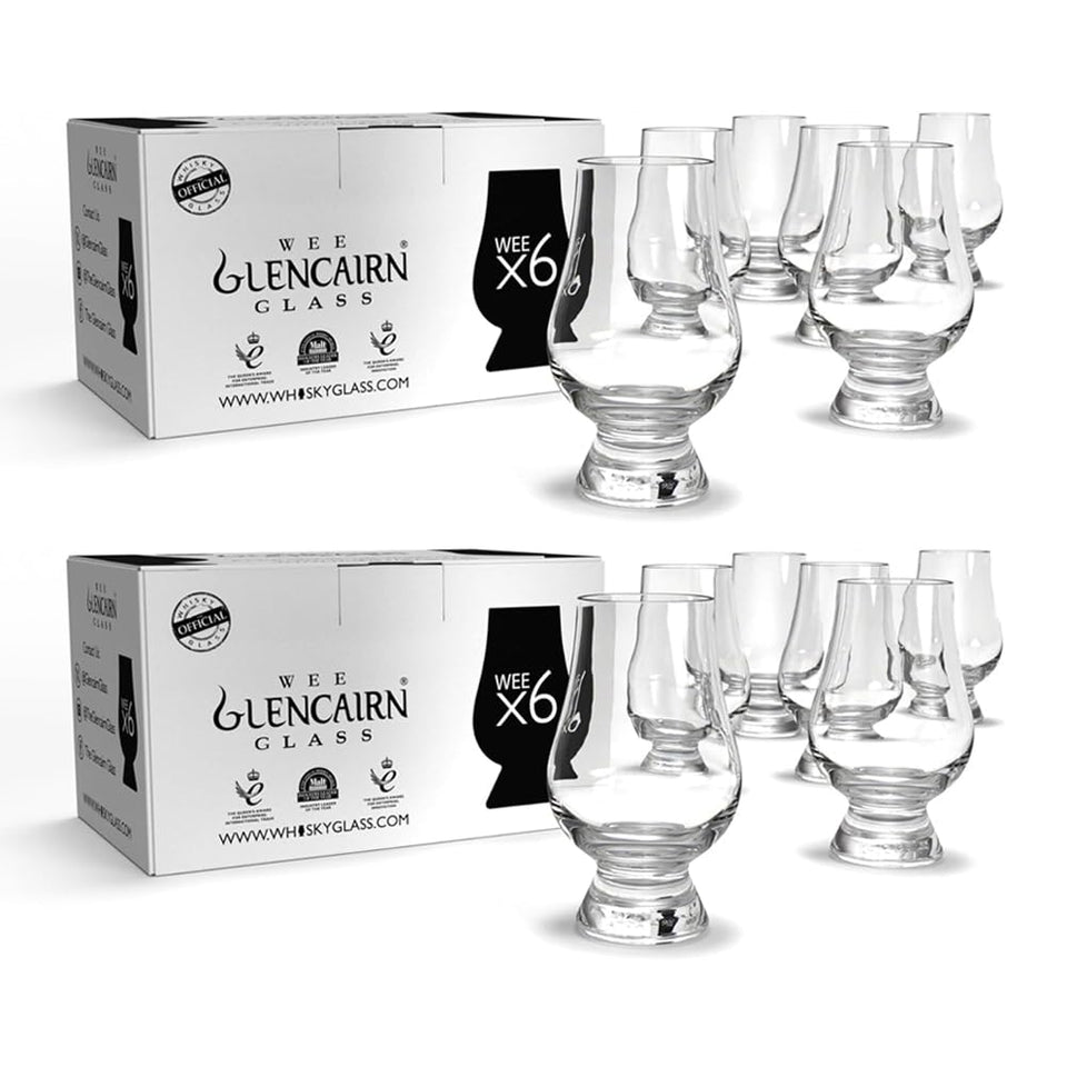 GLENCAIRN Wee set of 12 mini glasses displayed in front row for tasting.