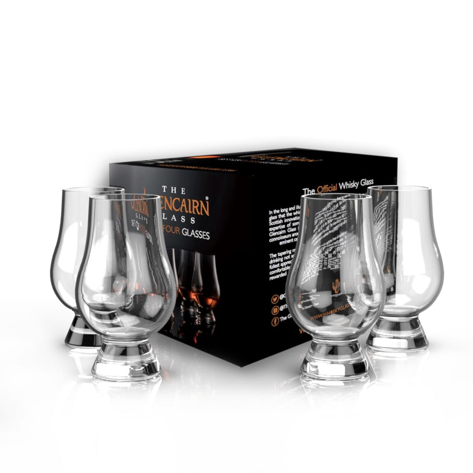 Glencairn whisky glass set of 4 in gift carton showcases premium packaging.