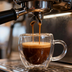 Glenkach clear espresso glass setup displaying elegant, versatile use for hot or cold drinks.