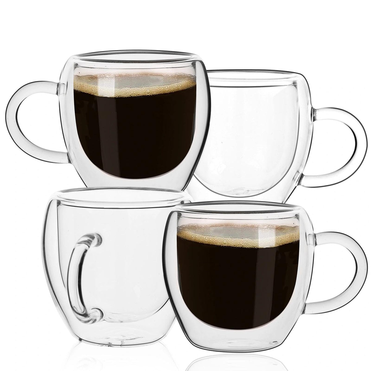 Glenkach 2.5oz espresso cups set of 4 in clear glass with handles, ready for service.